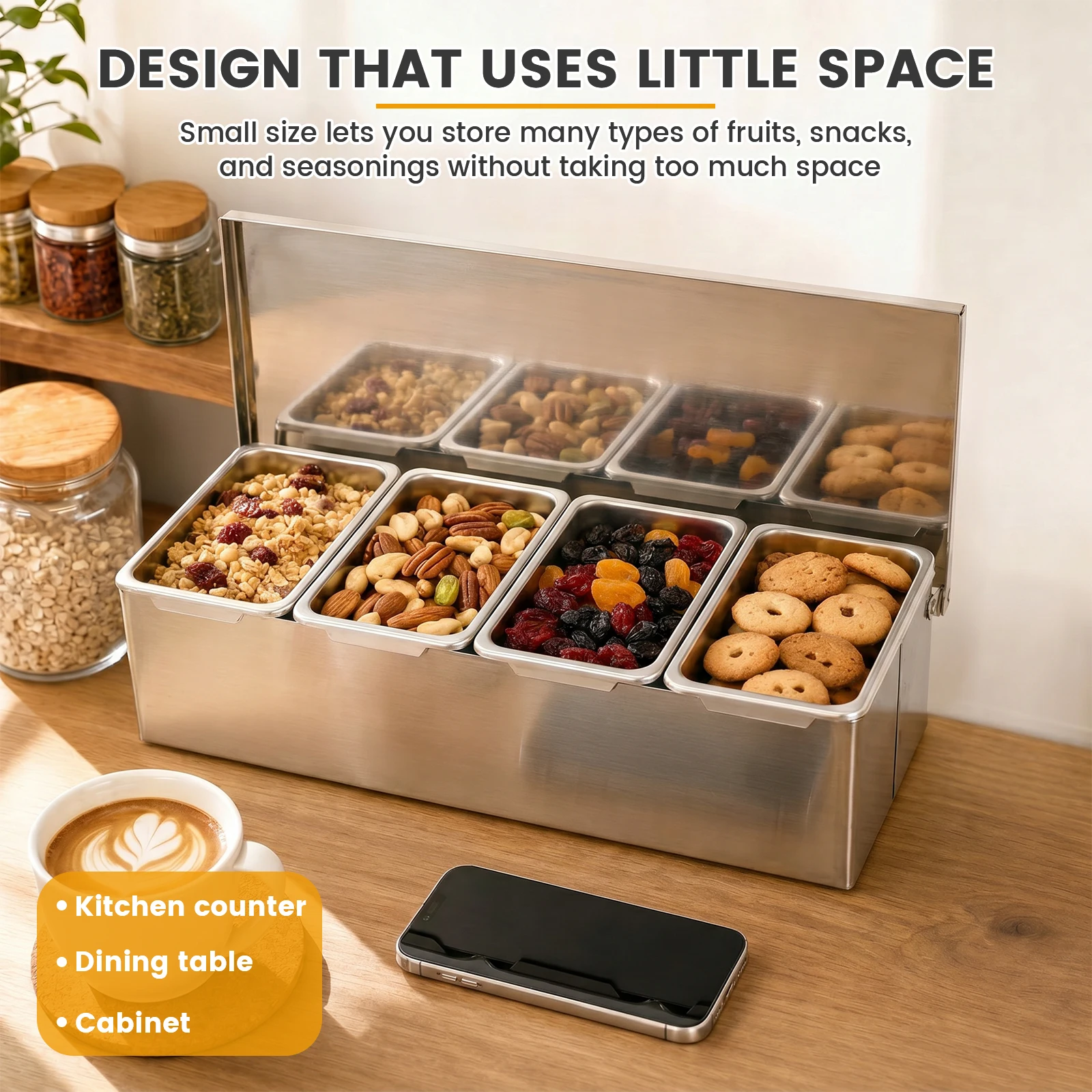 3/4/5 Grid Stainless Steel Garnish Dispenser Tray Condiment Dispenser with Lid Compartmental Bar Garnish Station for Kitchen