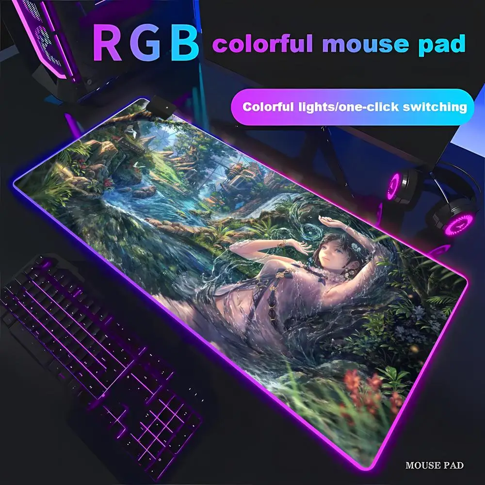 

HYBXAXC Fantasy Forest Anime Girl Mouse Pad Large Gaming Desk Mat Colorful Non-slip Rubber Mousepad RGB Gaming Gamer LED Light
