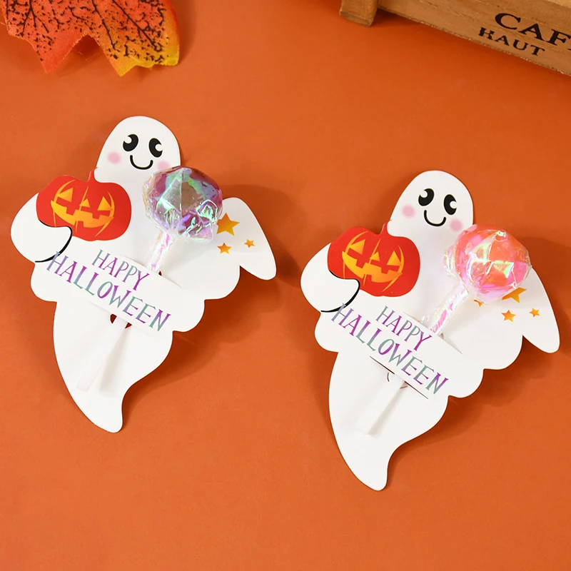 

50pcs Halloween Lollipop Packaging Card Cartoon Ghost Lollipop Insert Type Paper Cards for Halloween Party Decor Trick or Treat