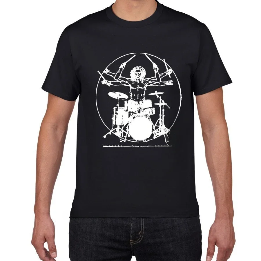 New fashion Drums Da Vinci Funny T Shirt Men Vitruvian Man Drummer Cotton Vintage Graphic Novelty Streetwea Tshirt Men Homme