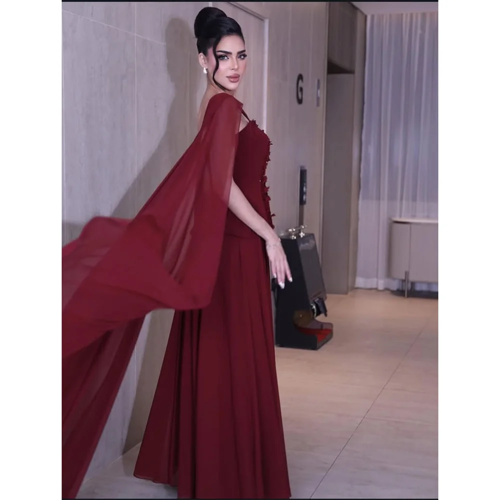 ブルゴーニュ サウジアラビア イブニングドレス カスタマイズ オフショルダー プリーツ アップリケ Aライン フォーマルパーティードレス フロアレングス プロムドレス