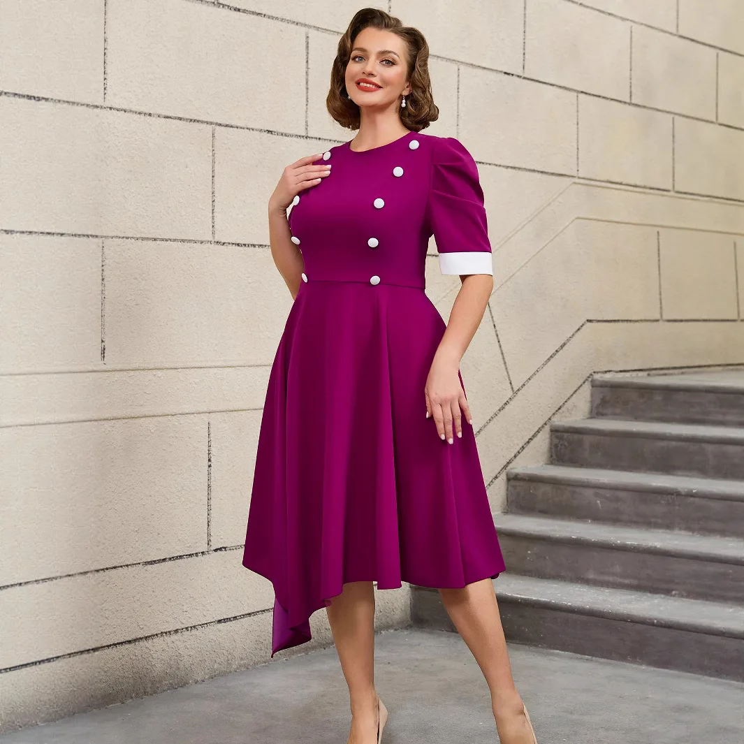 Am 050220 plus size bloco de cores em torno do pescoço a linha vestido de manga curta elegante festa cocktail vestido robe feminino festa