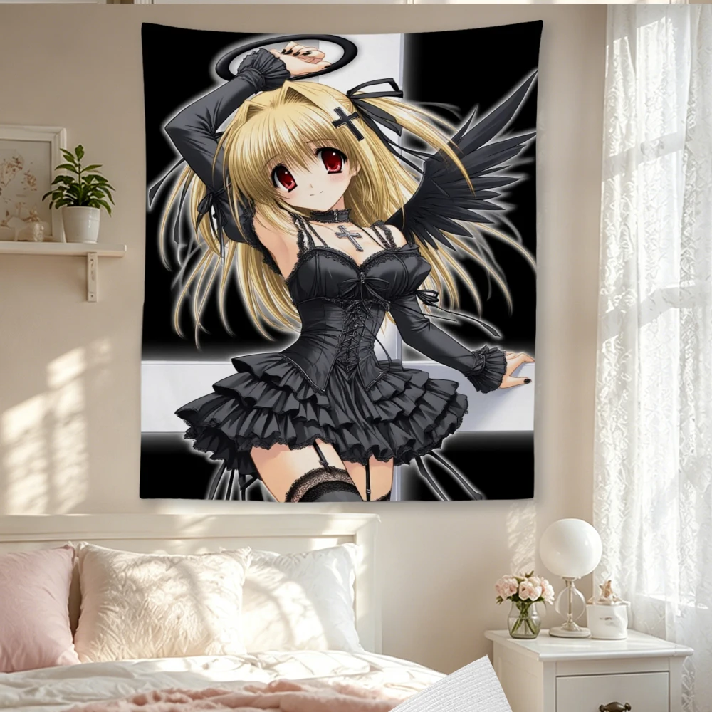 B-Blonde Red Eyes Gothic Lolita Girl Black Wings Cross Pendant Black White Background Anime Tapestry Otaku Dorm Wall Cloth