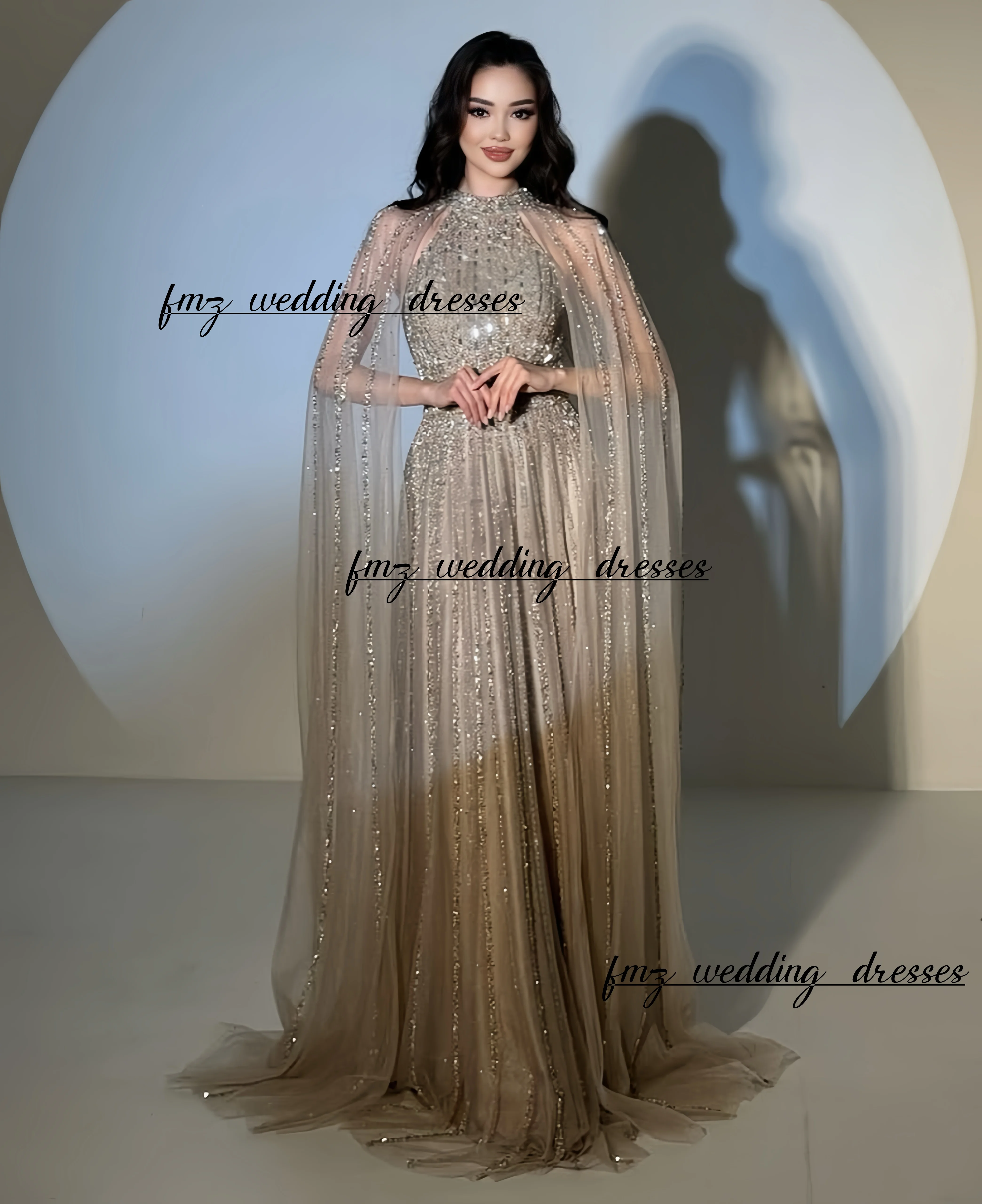 맞춤형 럭셔리 이브닝 드레스, 하이 넥 숄, 민소매 비즈, 우아한 파티 이브닝 ​​가운