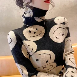 Women Jumper Knitted Slim Jacquard Sweaters Winter Warm Y2k Vintage Turtleneck Pullovers Casual Chic Comfortable Wool Knitewar