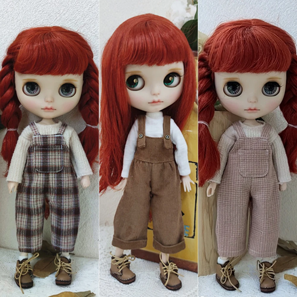 Casual Blyth Doll Clothes Rompers Plaid Pants Overall Long Sleeve Top Suit Doll Accessories for Ymy Licca Azones Ob24 Ob27 Doll