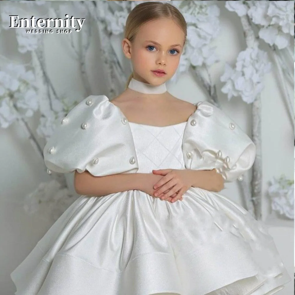 Princesse Enfant  A-line Bow Pearls O-Neck Bow Flower Girl Dress Puff Sleeve Ball Gown Knee-lengthLovely Vestidos Para Niñas