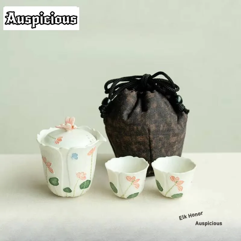 

Hand-painted Dragonfly Lotus Picking Travel Tea Set Kit Zen 1 Pot 2 Cups Tea Maker Organizer Portable Outdoor Handbag Supplies