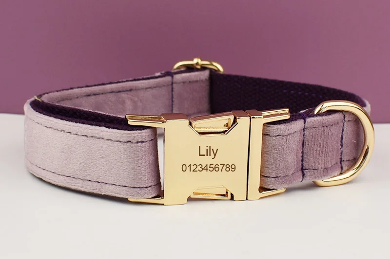 Deep Purple Velvet Powder Samt-Hundehalsband und Leinen-Set für individuell gravierte Namensschilder, Heimtierbedarf, Hundeleine, Samt 06 – Detail 3