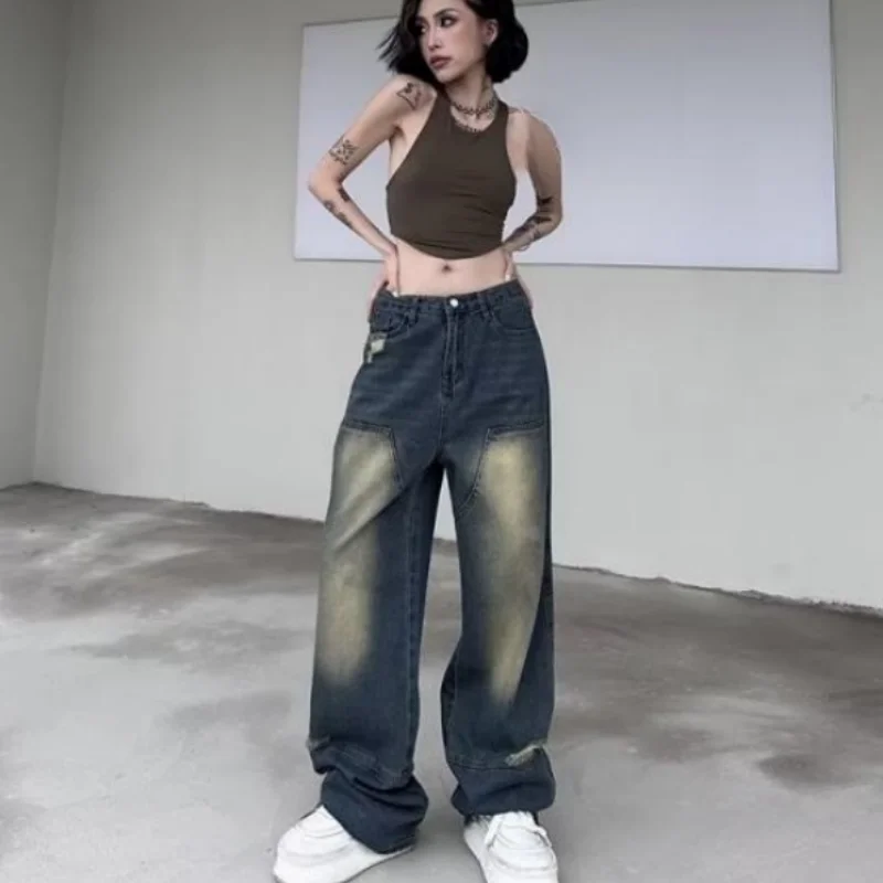 Women' Bottoms Vintage Blue Hole High Waist Jeans Casual Straight Wide Leg Pants High Street Baggy Mopping Denim Trouser Female