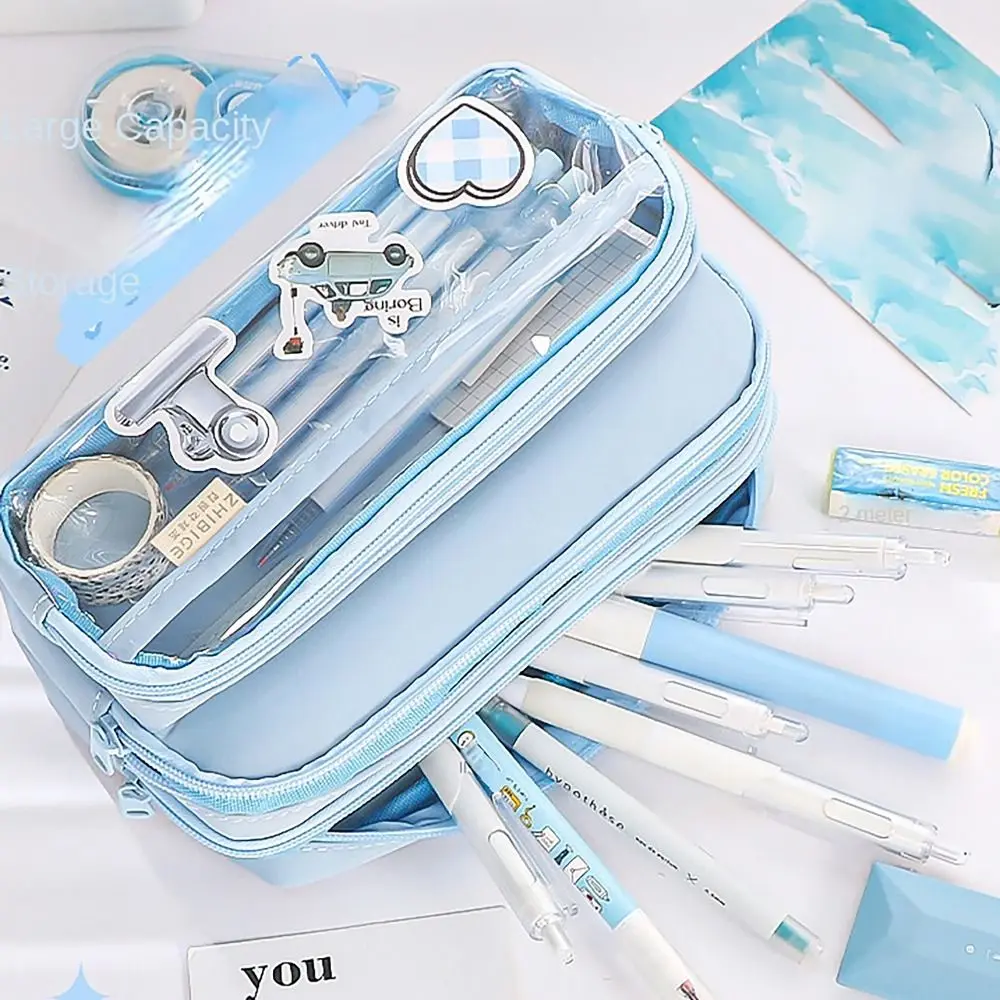 Multilayers Pencil Case Staircase Style Large Capacity Pen Bag Transparent Partition Stationery Storage Pouch