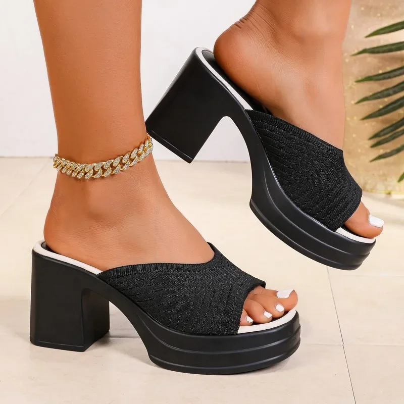 2025 Summer Women's Open-Toe Thick Platform Flip Flops New Outdoor Chunky Heel Slide Slip Fashion Minimalist High Heels Zapatos