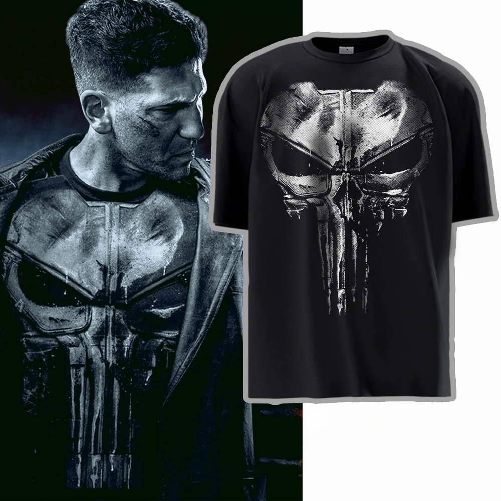 Camiseta clásica con estampado de calavera Punisher para hombre, camiseta informal de algodón de manga corta con cuello redondo, ropa de calle negra de verano