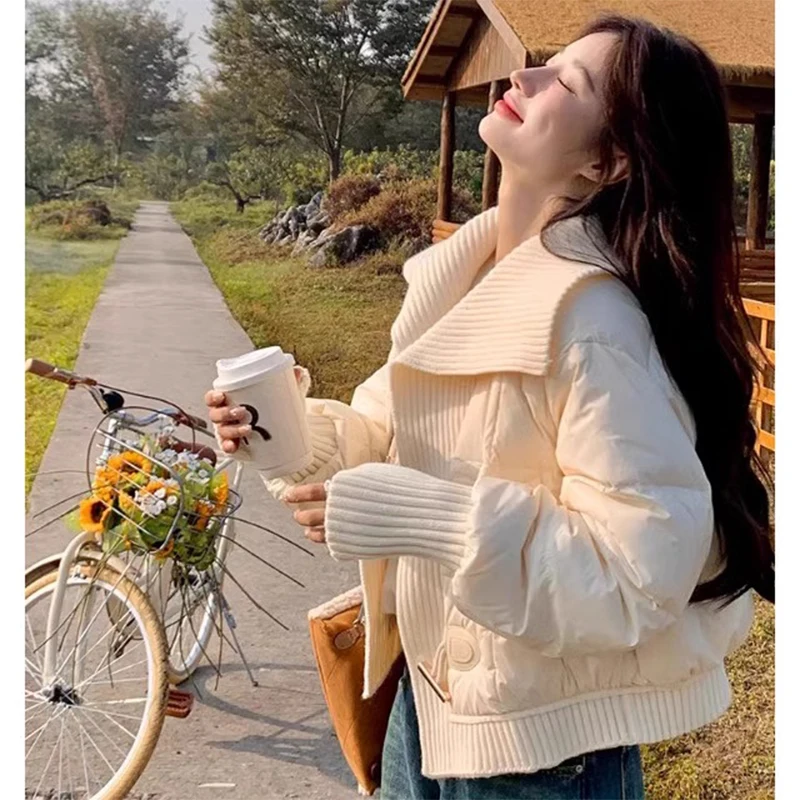 

Sweet Style Thickened Short Cotton Jacket Women's Autumn Winter New Fashion Small Size Large Collar Coat with Horn Buttons