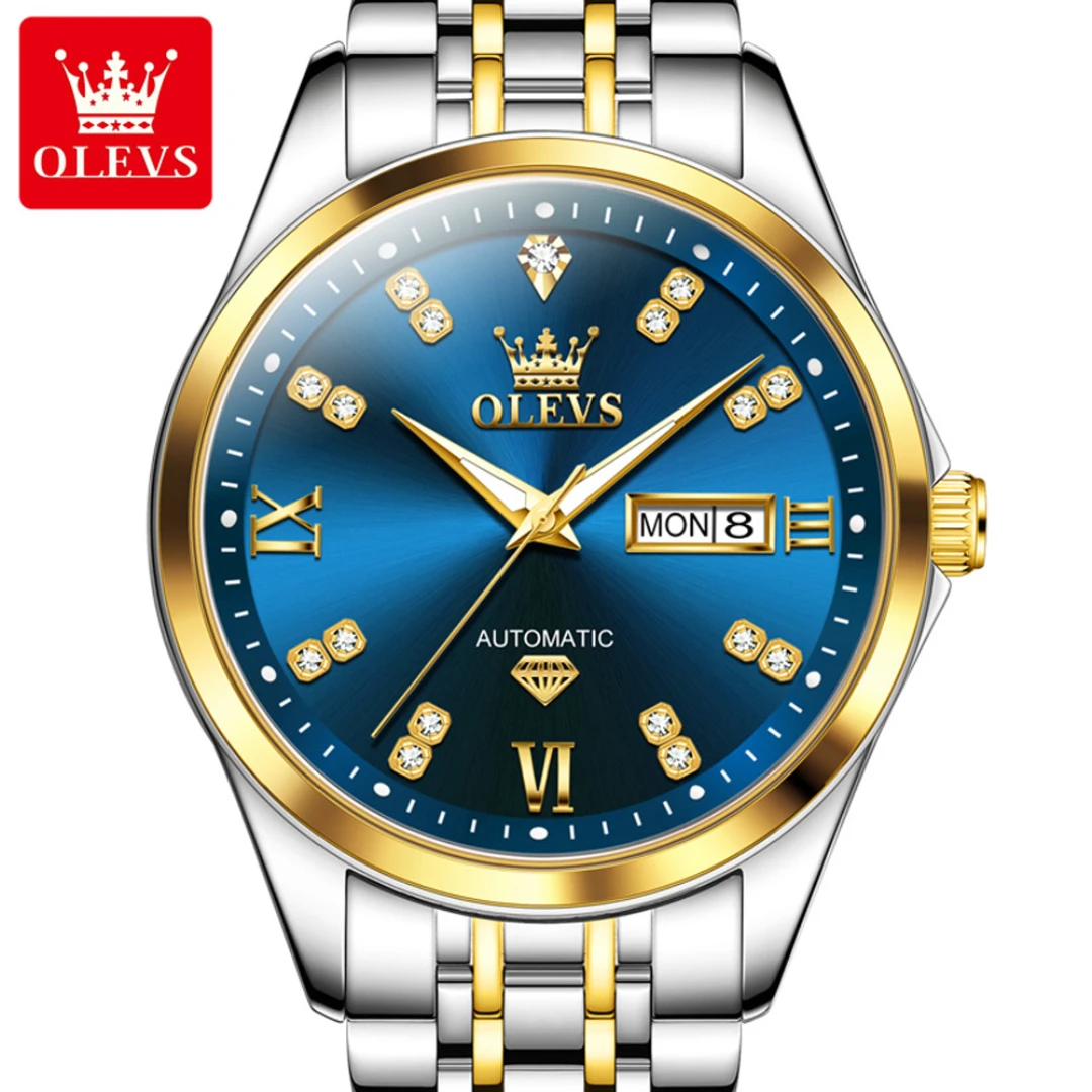 OLEVS 9801 modny zegarek mechaniczny prezent pasek do zegarka ze stali nierdzewnej zegarek z okrągłą tarczą wyświetlacz tygodnia kalendarz świecący