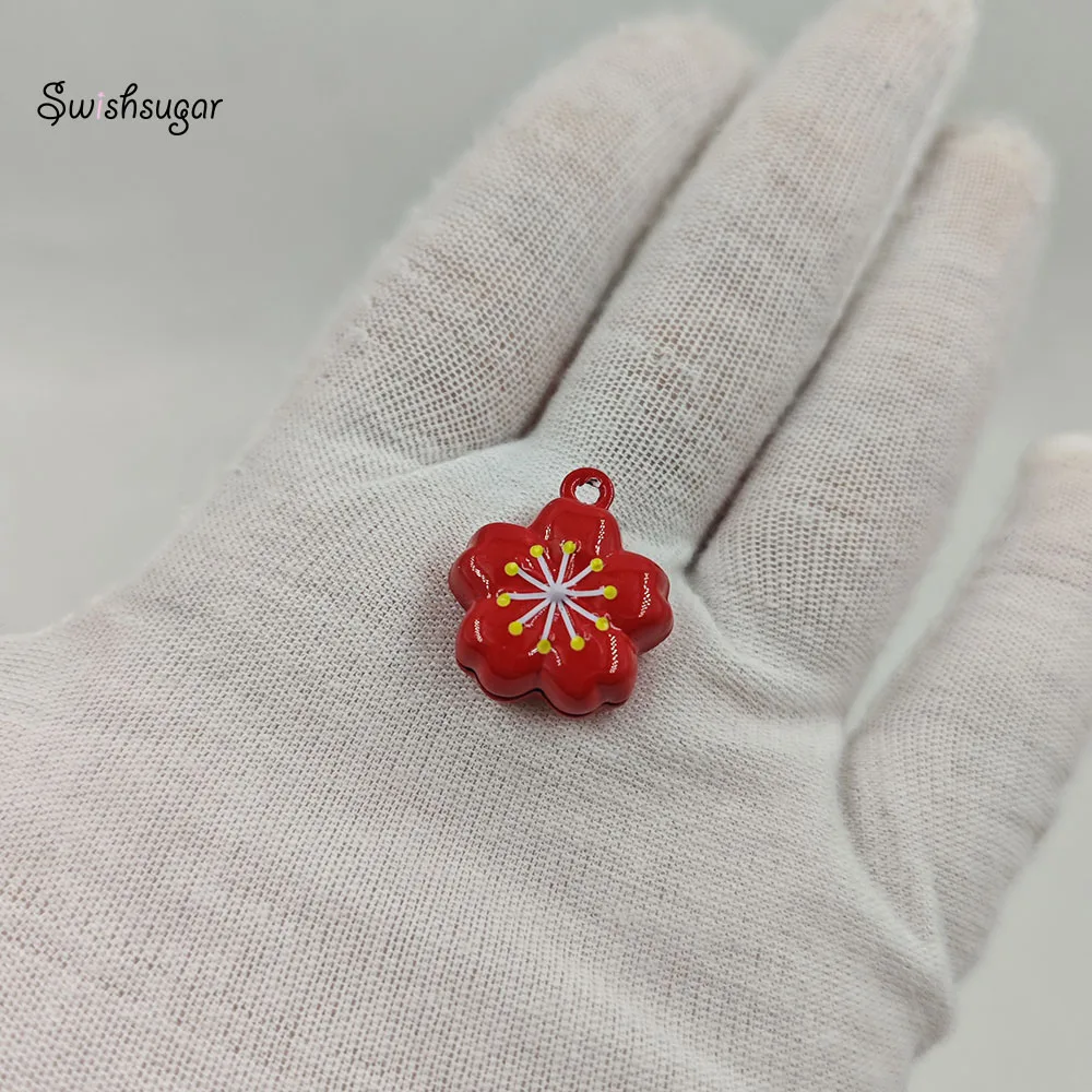 2 Size Pinky Red White Sakura Flower Jingle Bell Metal Charms Pendant Bracelet Kids Girl Jewelry Accessories Decor