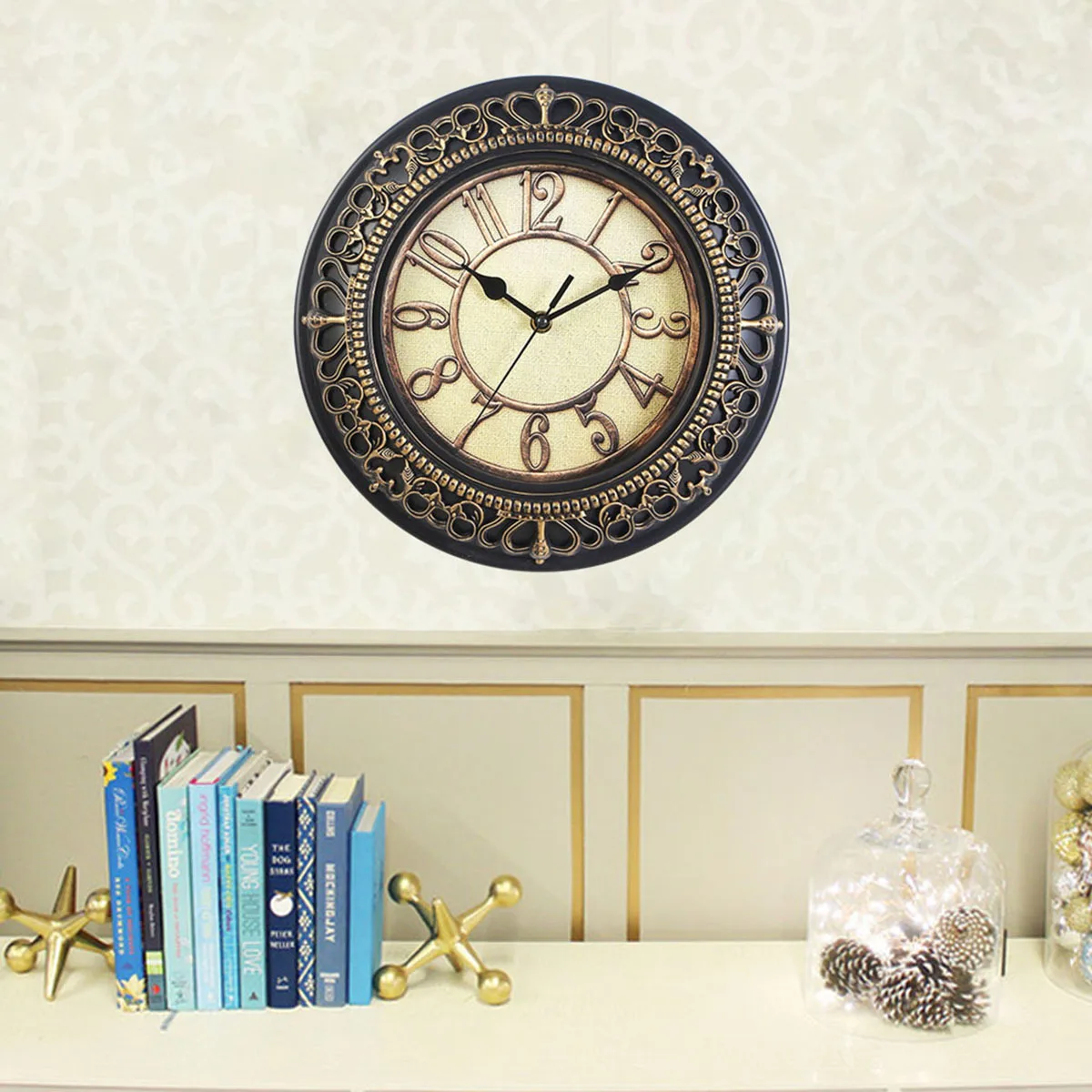 

12-Inch Vintage European Dial Clock Hollowed-Out Numeral Silent Wall Clock Large Decorative for Living Room Bedroom