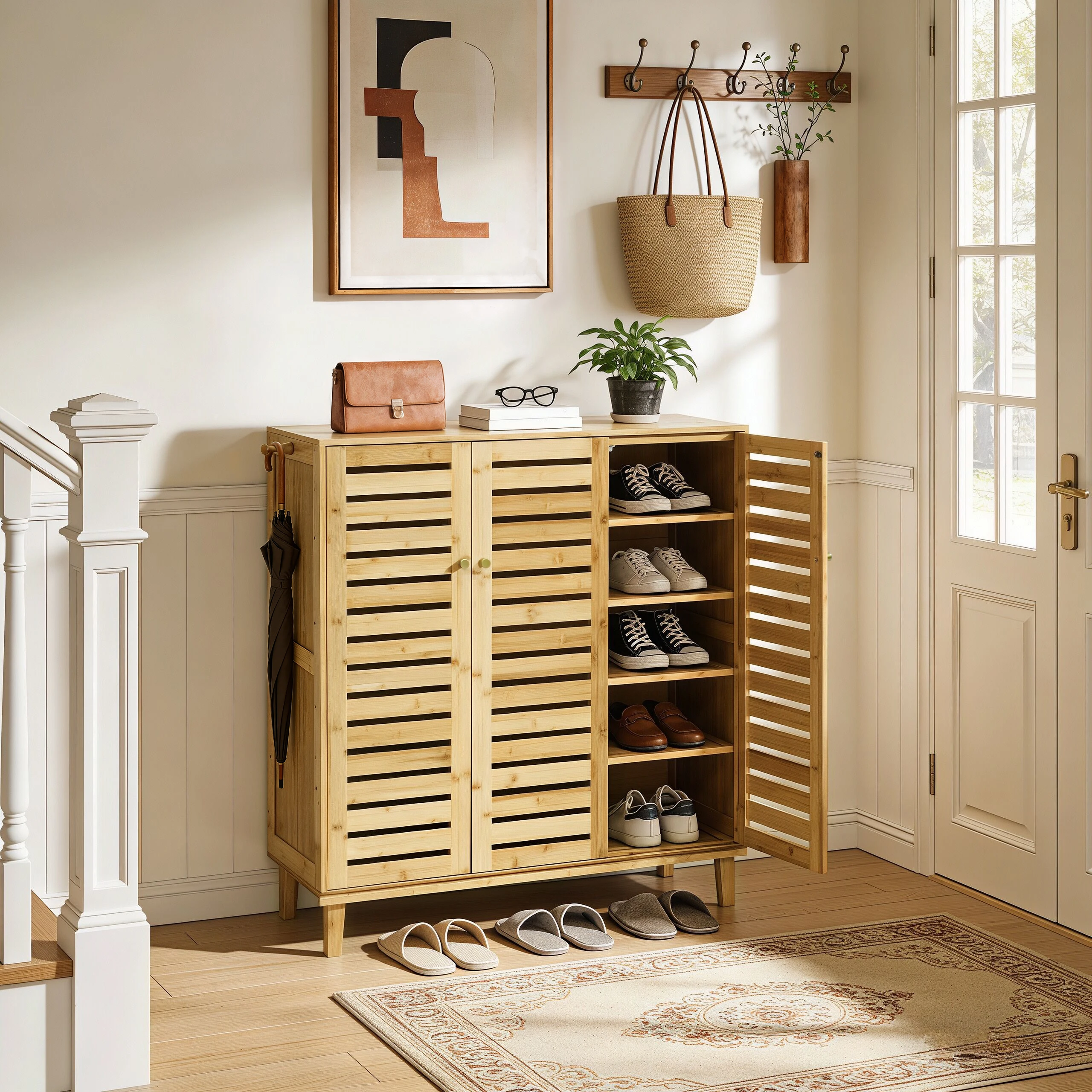 Bamboo Shoe Storage Cabinet with Slatted Doors, 5-Tier Wooden Shoe Organizer Cupboard for Entryway Hallway, Freestanding Large Shoe Rack with Side Hooks & Magnetic Closure