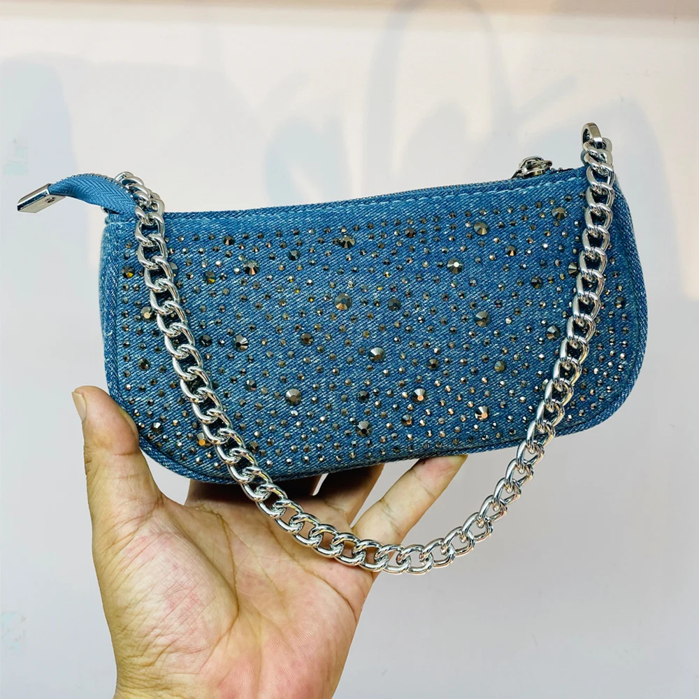 Denim Rhinestones Chain Underarm Bags For Women Luxury Designer Handbag and Purses 2023 New In Fashion Shoulder Crossbody Bags