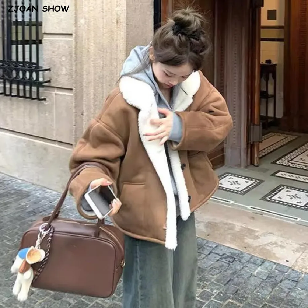 

Зима CHILL 2025 г., двусторонняя шуба из искусственной замши, кофейное женское однобортное пальто с лохматыми лацканами и пуговицами, свободная верхняя одежда с длинными рукавами