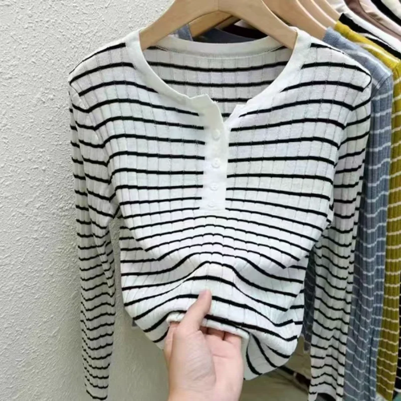 Chemise de Base à manches longues et col rond pour femme, pull tricoté rayé, nouveau Style, automne hiver