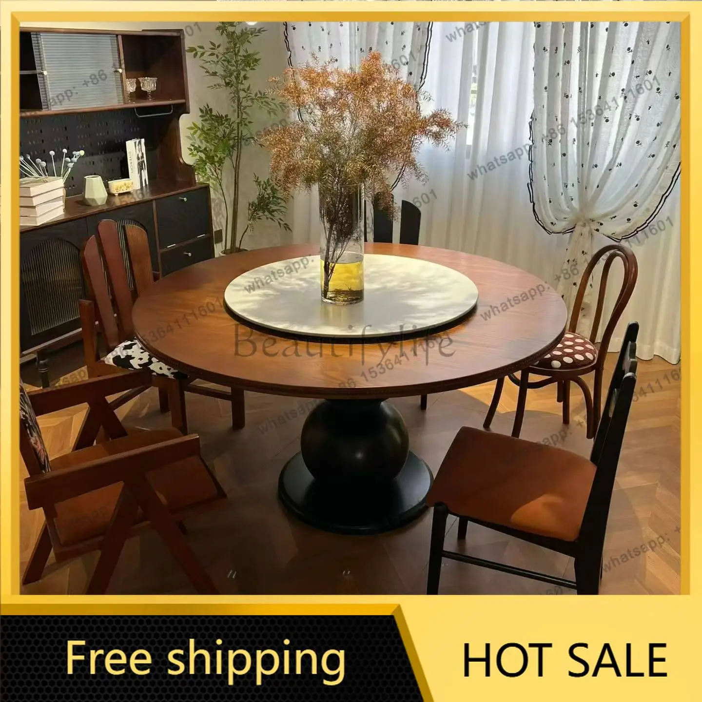 PG French retro style dining table, the first choice for antique family villas, solid wood round table