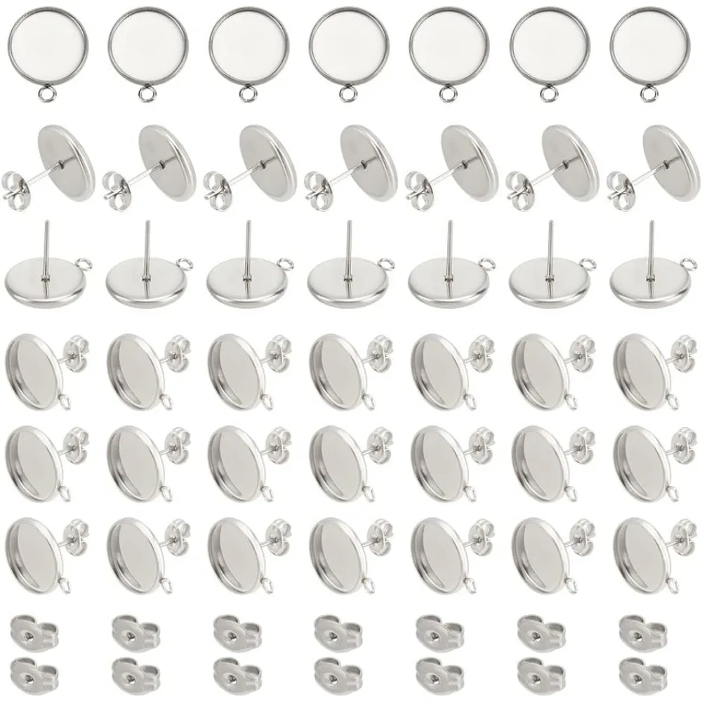 

About 60pcs 12mm Round Bezel Earring with Loop Cup Tray Earrings with Ear Nuts Stainless Steel Stud Earring Findings for DIY