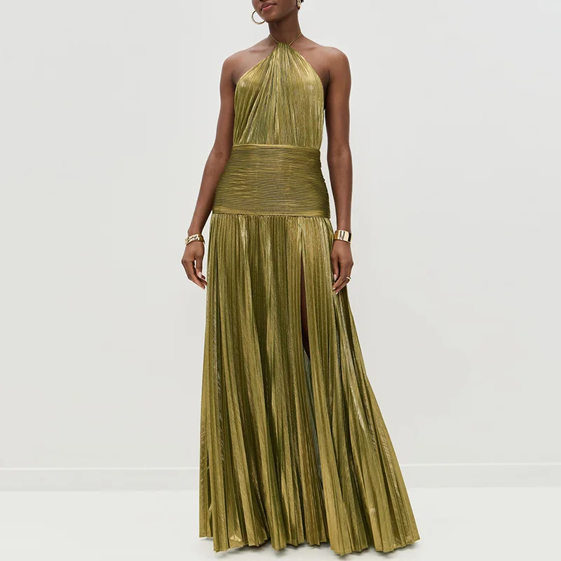 เดรสผู้หญิงเซ็กซี่แบบผูกคอ จับจีบ ทรงเอวสูง ผ่าข้าง สไตล์โบฮีเมียน สำหรับงานเลี้ยง ดีไซน์เปิดหลัง ซิปหลัง ผ้าเนื้อเรียบ สีพื้น เหมาะสำหรับฤดูใบไม้ผลิ