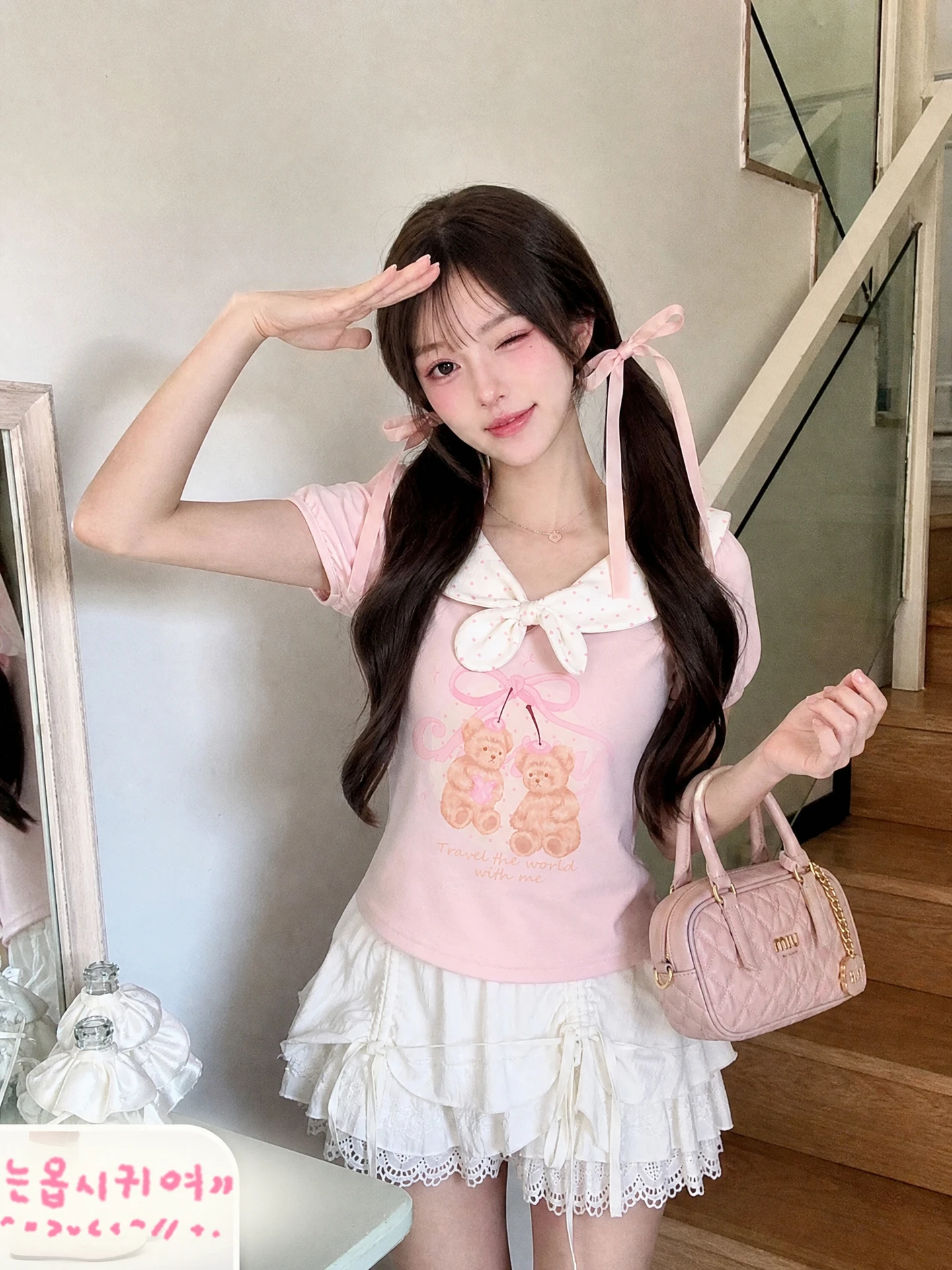 Sweet Girl Feel Cotton T-shirt Summer Short Sleeve Polka Dot Collar Bear Print School Style Top for Ladies Breathable High Waist