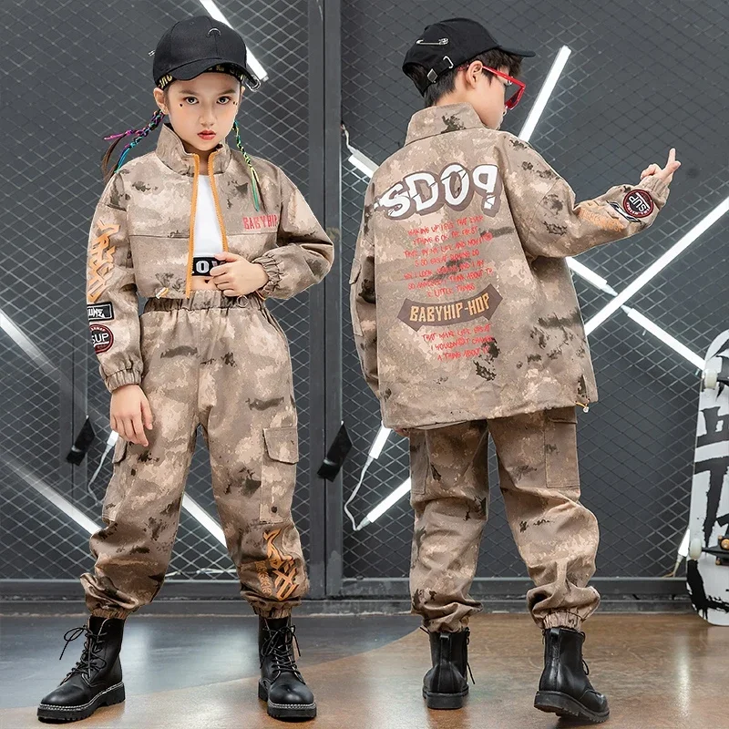 

Hip Hop Dance Costume Children Camouflage Uniform Street Dance Outfit Boys Girls Jazz Dance Jacket Cargo Pants Streetwear