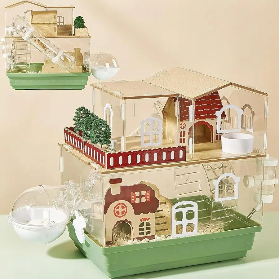 

12 in 1 Clear Acrylic Hamster Cage with All Accessories,13.5''L* 10''W* 15''H Dwarf Hamster Cage,Magnetic Connection Small Hamst
