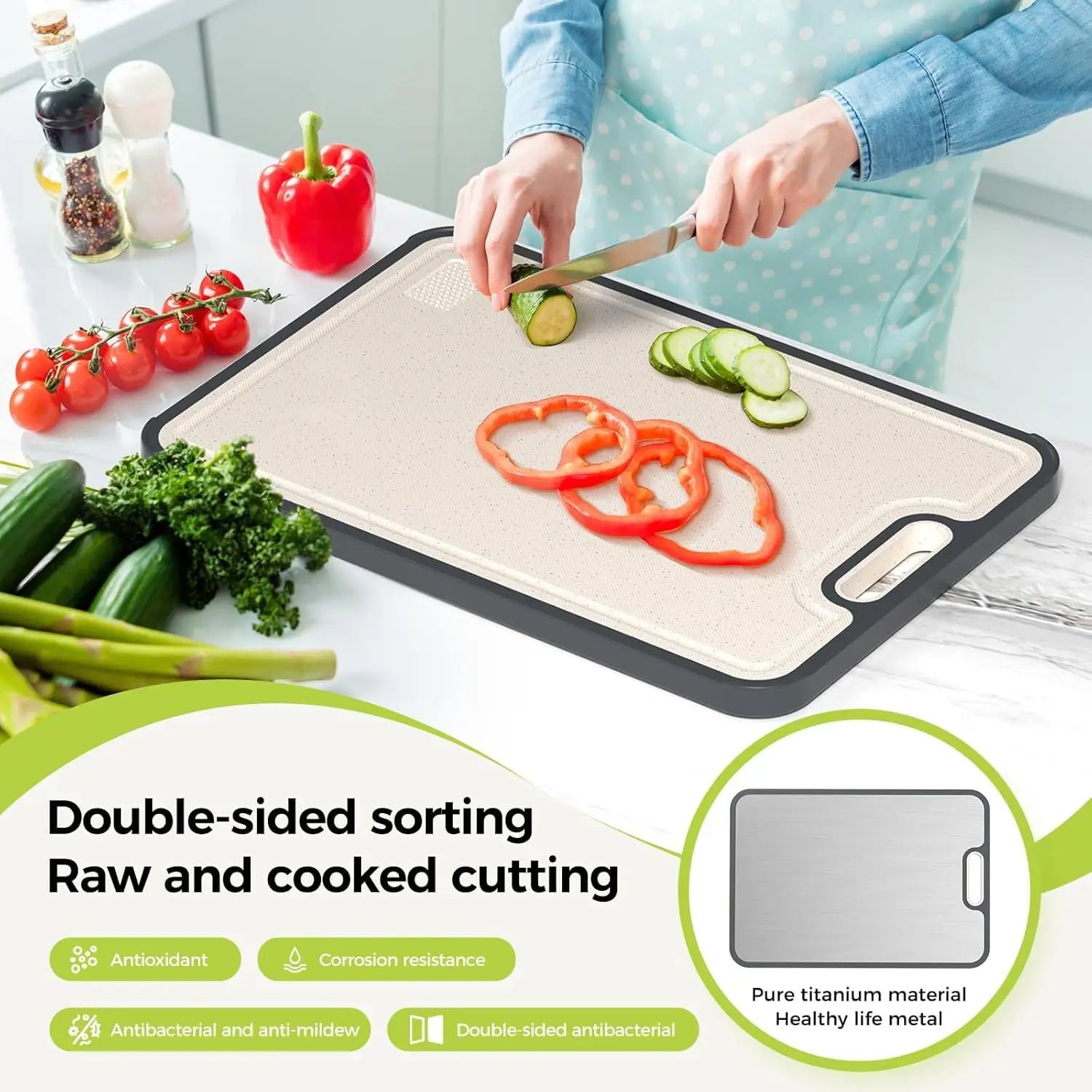 Double-Sided Titanium Kitchen Cutting Board with Juice Groove, Easy Clean Food Grade Material