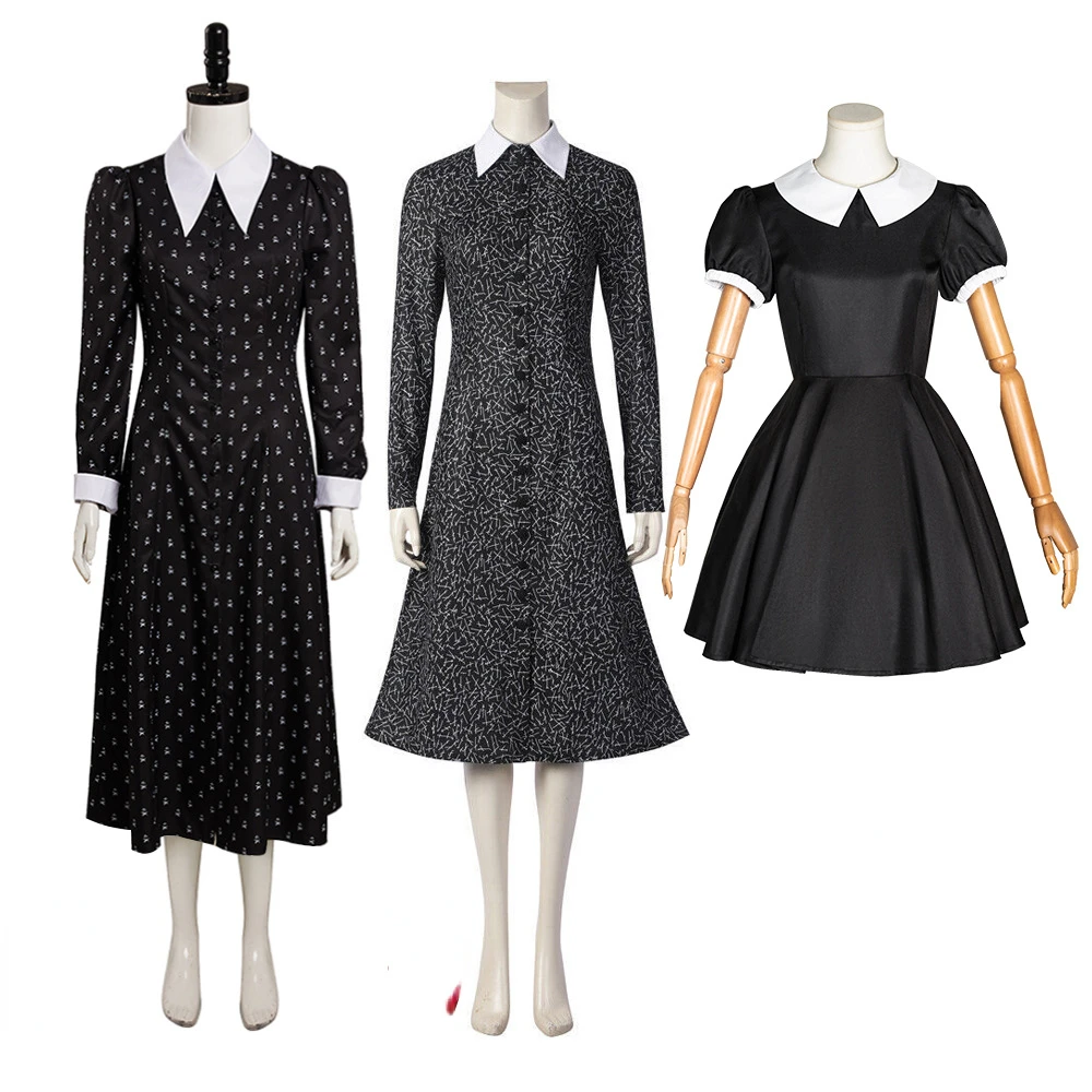 

Wednesday Addams Cosplay Costume Gothic Dress Black Dresses White Collar Girls Halloween Costumes Dusk Dress Party Roleplay