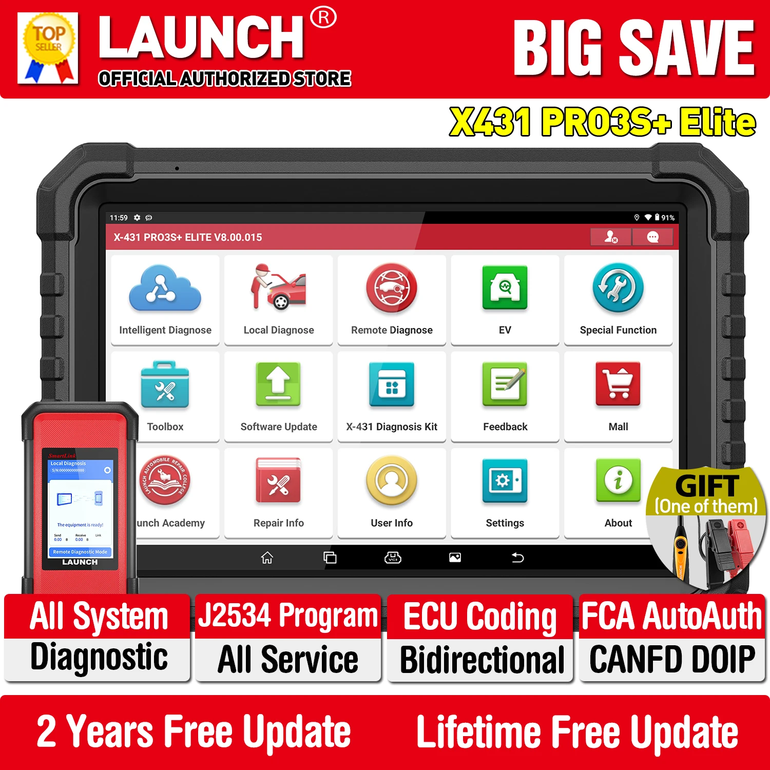 إطلاق X431 PRO3S + ELITE J2534 أداة إعادة البرمجة ECU ترميز طوبولوجيا جميع نظام أداة تشخيص السيارة ثنائي الاتجاه Obd2 الماسح الضوئي