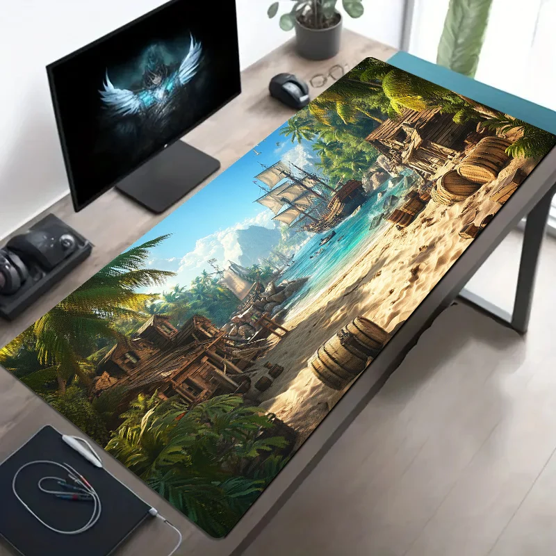 Mysterious Pirate Bay Gaming Mouse Pad, Featuring Vibrant Pirate Ship and Tropical Island Design, Large-sized Gaming Mouse Pads