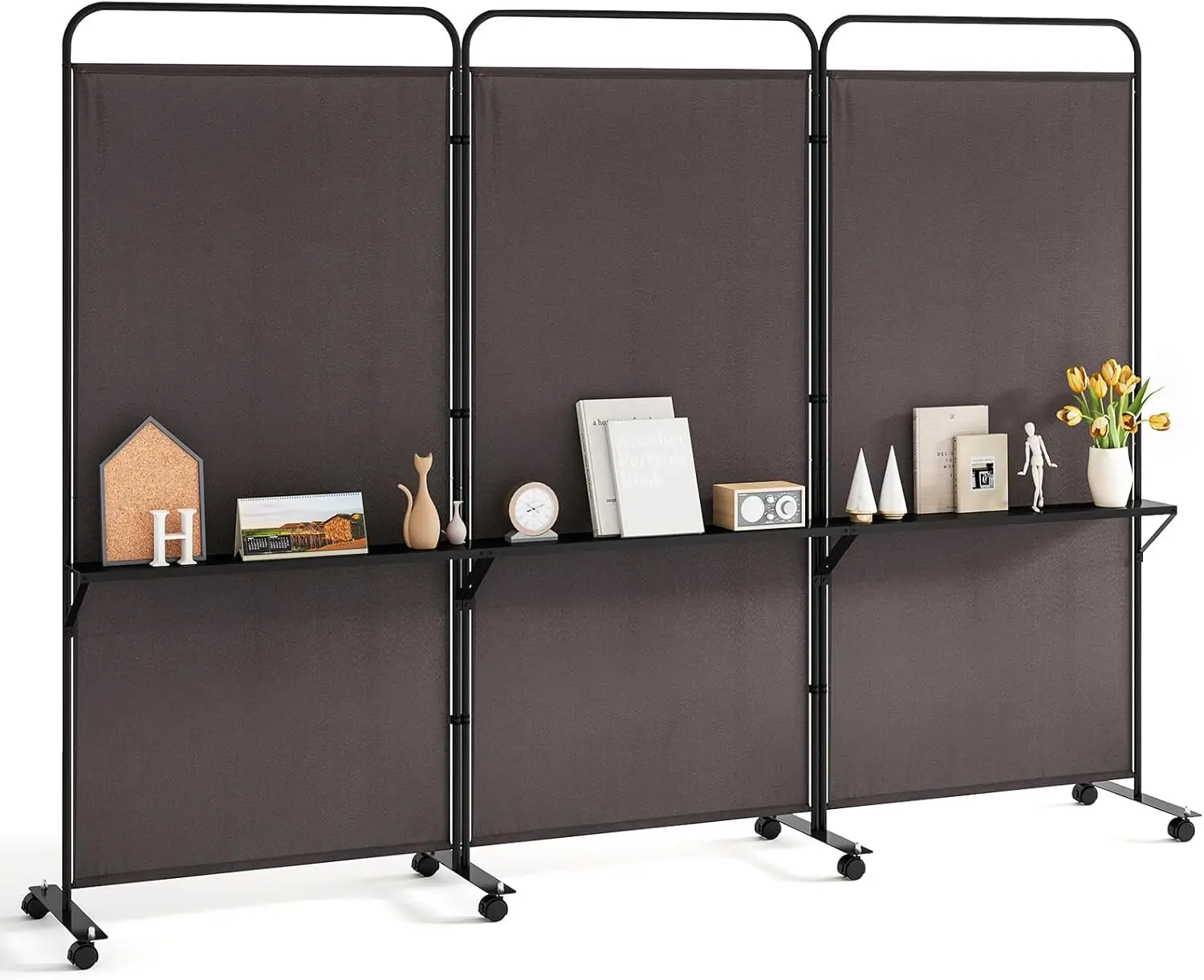 

3 Panel Room Divider with Wheels and Shelves, 103" W x 74" H Folding Privacy Screen, Rolling Partition Separator for Hom