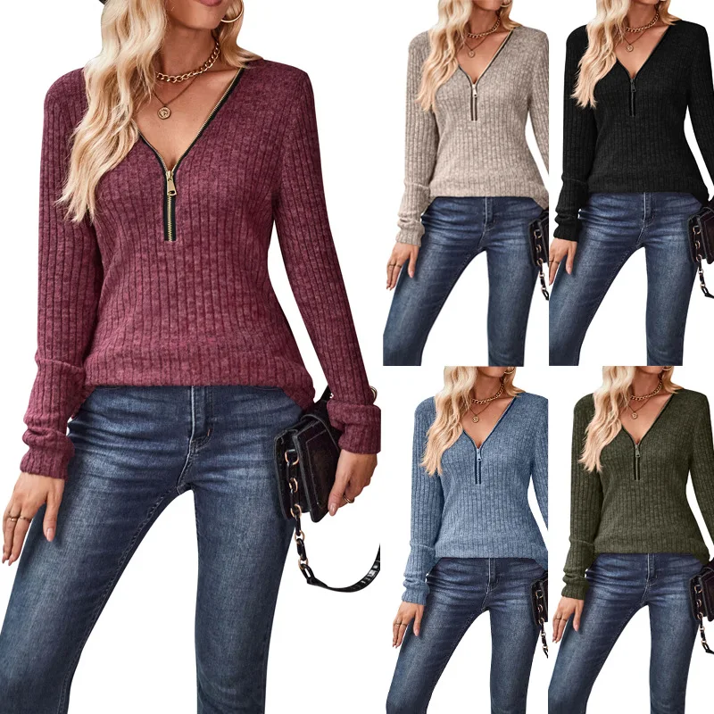 Women's Cotton Solid Stripe Brushed Casual V-Neck Spliced Zipper Long Sleeve Base Shirt Ladies Fashion Clothing Tops 2024-2025