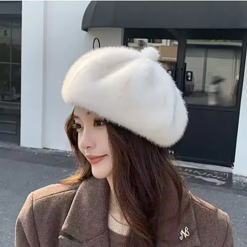 

Winter Plush Beret Hat Fluffy Fur Women Warm Octagonal Cap Solid Color Girl Painter Artist Caps