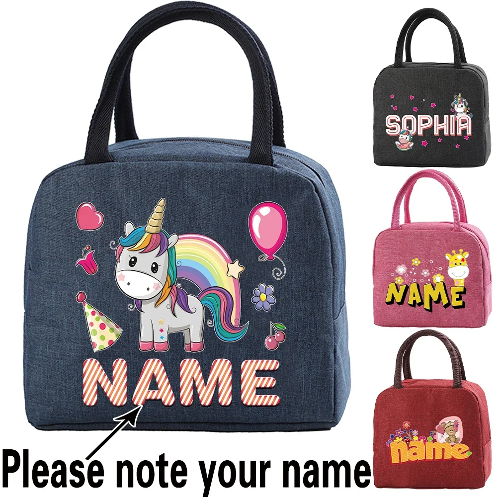 

Customize Any Name Lunch Bags Canvas Grey Handbag Portable Travel Picnic Breakfast Box Children Thermal Lunch Bag Tote Food Bag