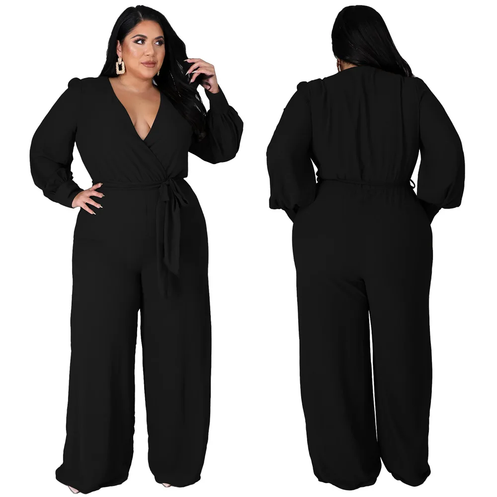 

Женский свободный однотонный комбинезон прямого кроя больших размеров в европейском и американском стиле с поясом