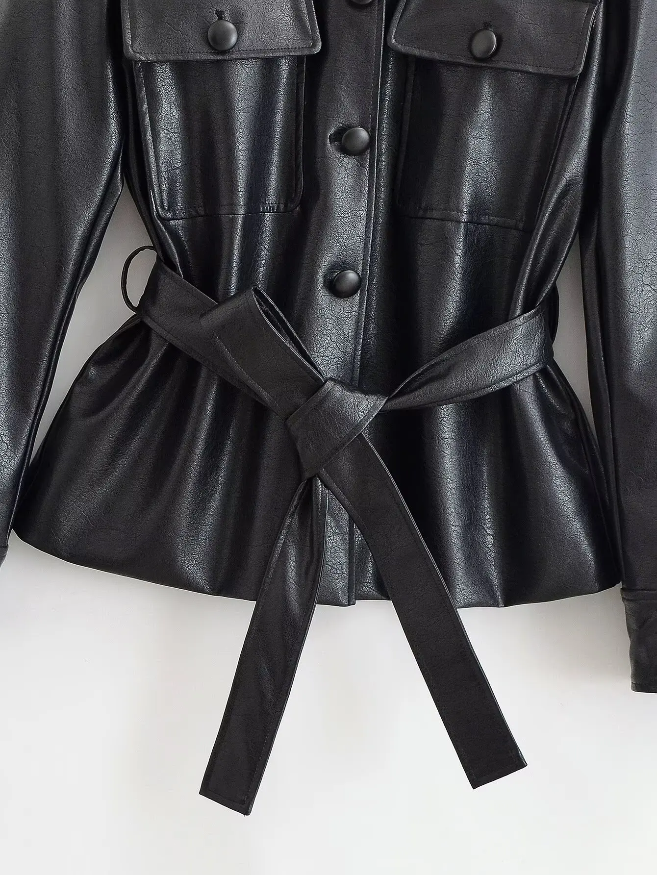 Woman's Black Faux Leather Jackets Autumn Winter Female Chic Coat With Belt Faux Pu Long Sleeve Outwear Lady Streetwear Jackets