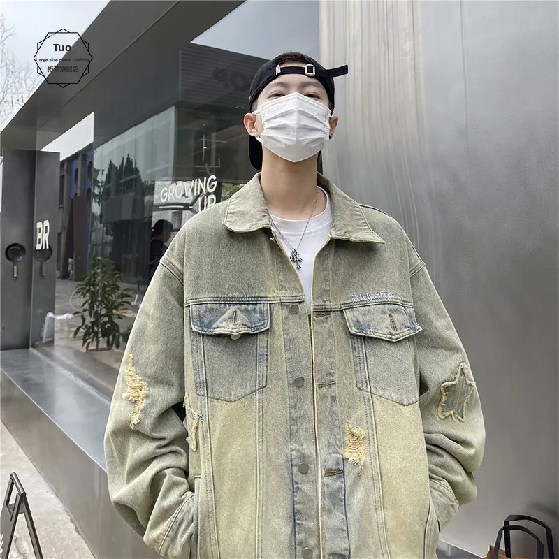 

Waed Denim Jaet for Men Spring Autumn Trendy Workwear Jaet Couple American Retro Blue Jeans Coat Loose Fit Outerwear