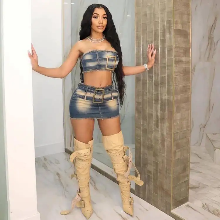 Setelan Denim 2 Potong Wanita Rok Pendek Pakaian Kasual Atasan Tanpa Lengan Slim Fit Seksi Pesta Malam Setelan Pinggang Tinggi