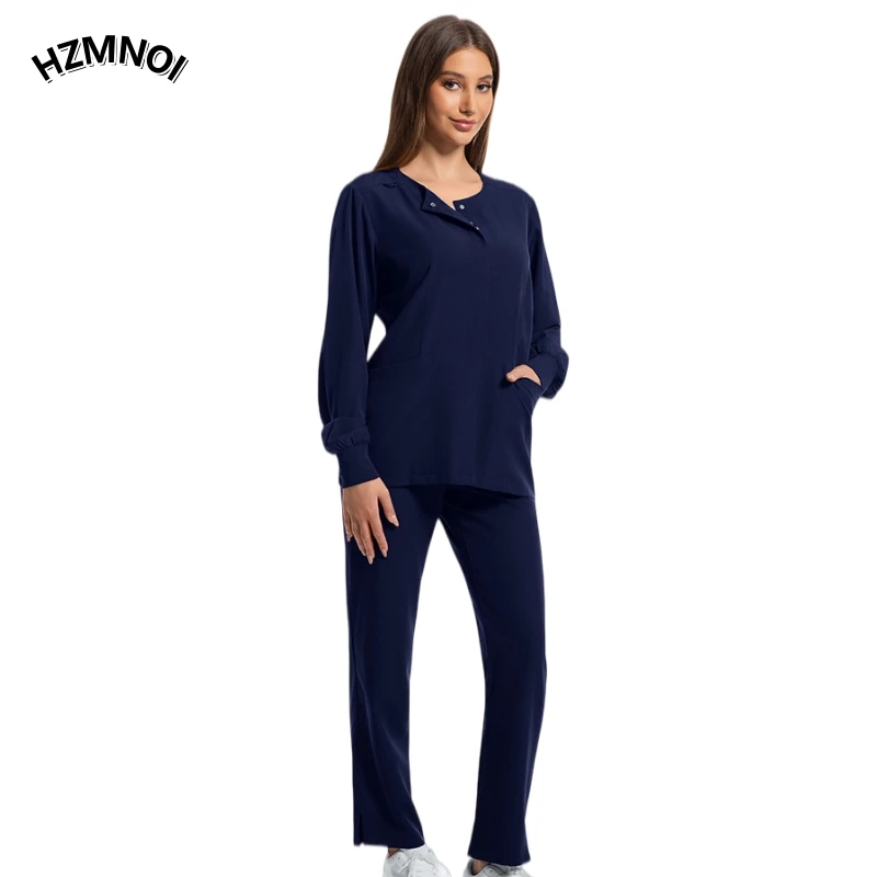 Men's and women's long sleeved Brushing hand clothing pharmacy round neck nurse's clothing Beauty salon snap button coat suit ﻿