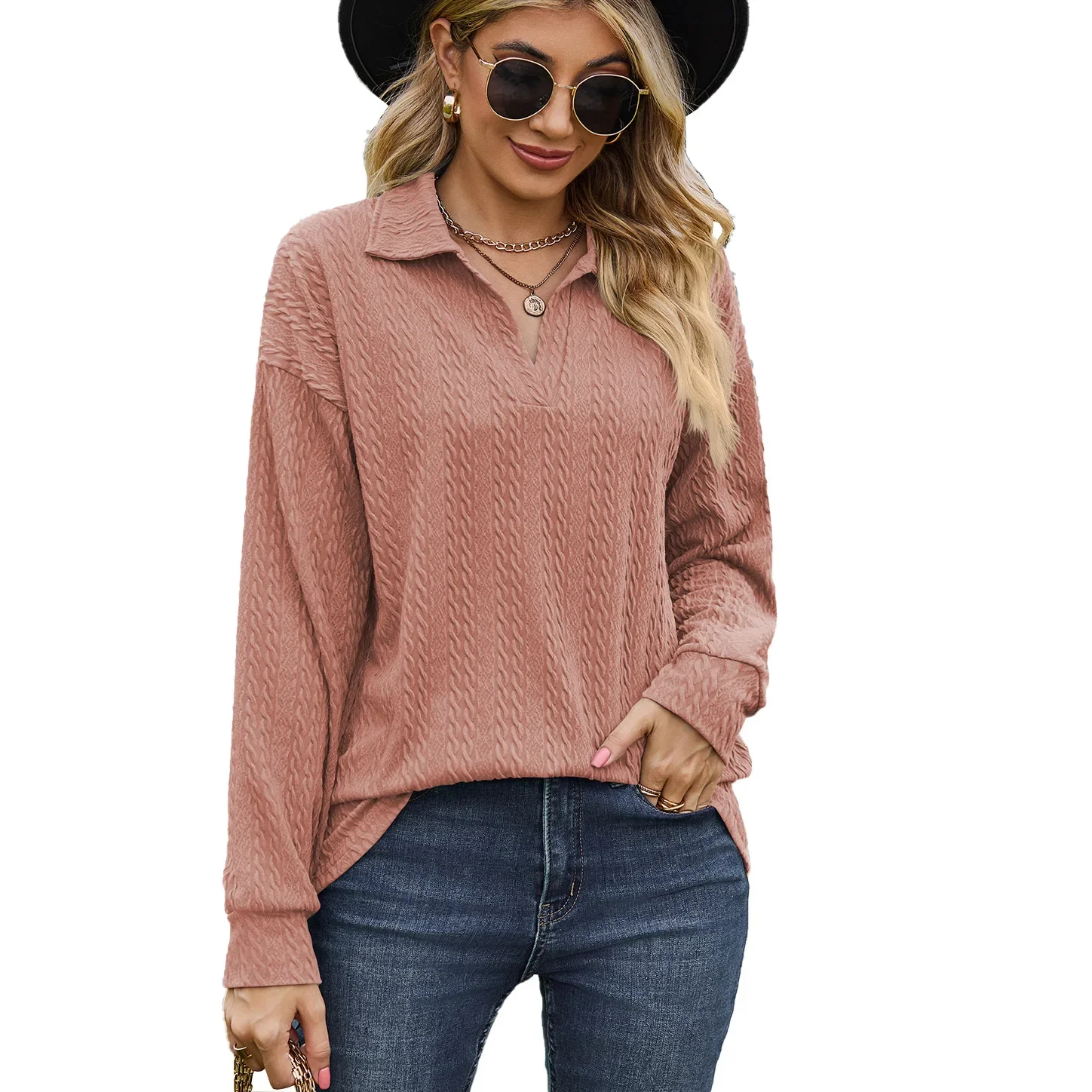 Women Long Sleeve Sweatshirt Lapel V Neck Tops