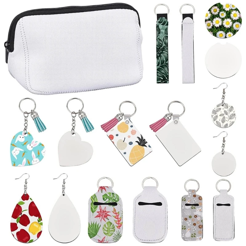 38Pcs Thermal Sublimation Blank Set Containing Blank Coaster Lipstick Sleeve Keyring Keychain Earrings Tassels Wristband