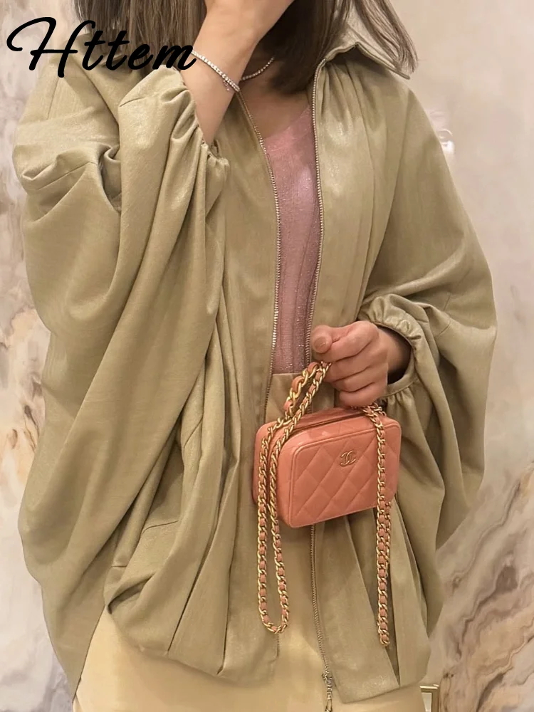 

Casual Green Jacket Women Loose Pleat Lapel Zipper Batwing Long Sleeve Bomber Coat Female 2025 Fashion Lady High Street Outwears