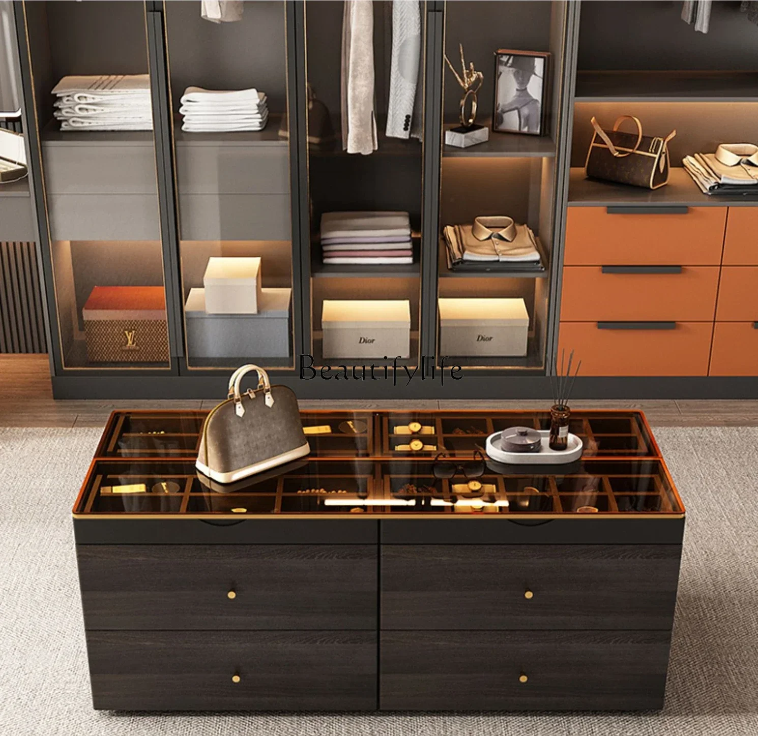 

D25Italian-Style Light Luxury Island Cabinet Home Modern Minimalist Storage Cloakroom Floor Chest of Six Drawers