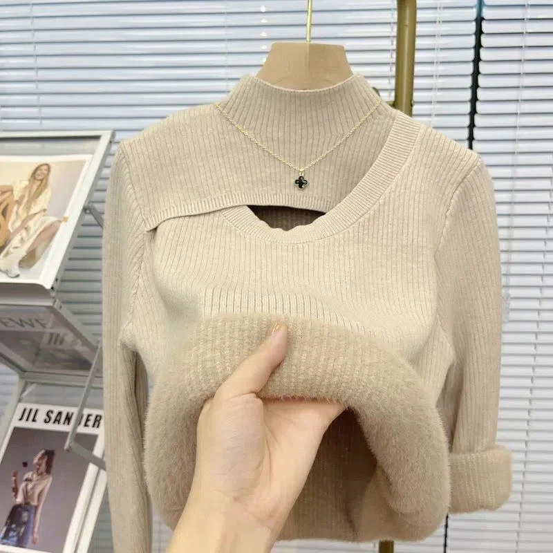 Korean Turtleneck Slim Thicken Knitted Pullovers Woman 2023 Winter Plus Velvet Sweater Casual Fleece Lined Warm Knitwear Tops