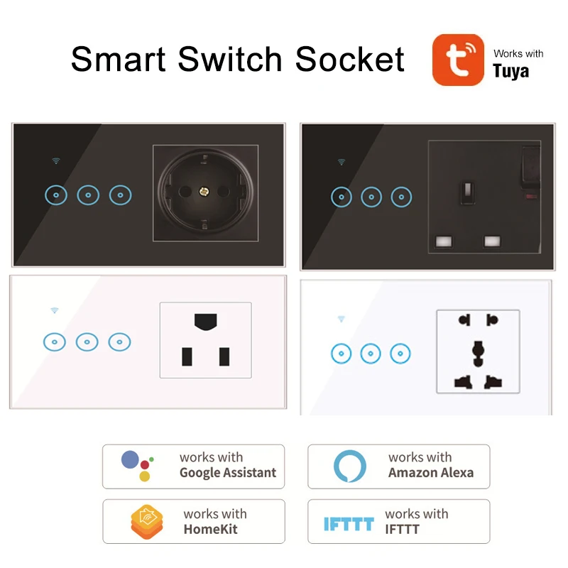 투야 스마트 라이프 다기능 통합 EU 영국 미국, 범용 와이파이 벽 스마트 스위치 소켓, 구글 알렉사 작동, 5 홀, 1/2/3 갱